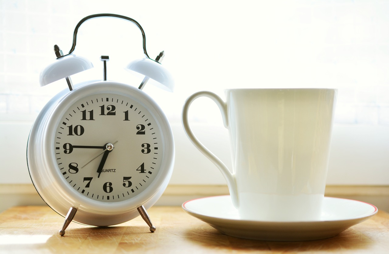 alarm clock, cup, morning